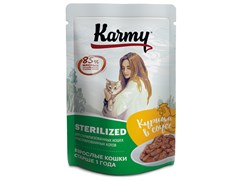 Karmy Стерилайзд, Курица, Консервированный полнорационный корм для стерилизованных кошек и кастрированных котов старше 1 года (мясные кусочки в соусе), 80 гр