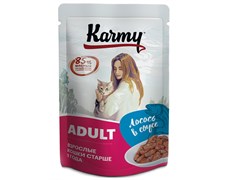 Karmy Эдалт, Лосось, Консервированный полнорационный корм для кошек старше 1 года (мясные кусочки в соусе), 80 гр