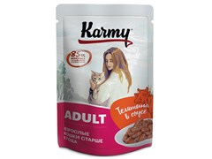 Karmy Эдалт, Телятина, Консервированный полнорационный корм для кошек старше 1 года (мясные кусочки в соусе), 80 гр